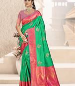 Sangam prints teal green silk woven work traditional saree