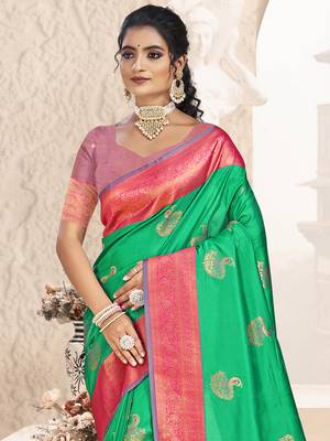 Sangam prints teal green silk woven work traditional saree 2