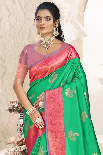 Sangam prints teal green silk woven work traditional saree
