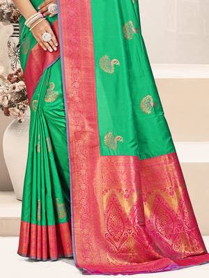 Sangam prints teal green silk woven work traditional saree 3