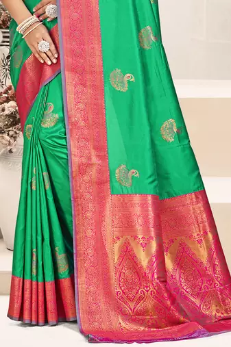 Sangam prints teal green silk woven work traditional saree