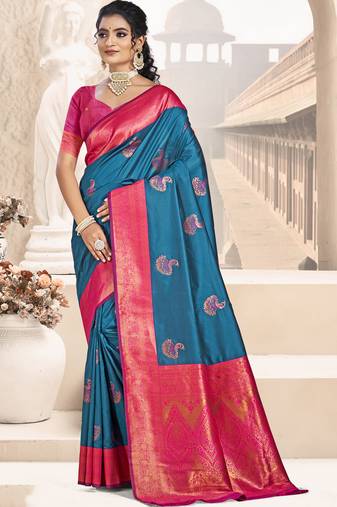 Sangam prints blue silk woven work traditional saree