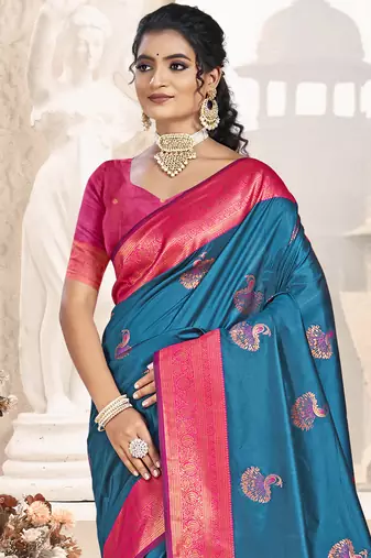 Sangam prints blue silk woven work traditional saree