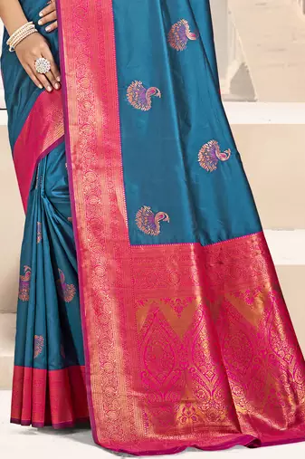 Sangam prints blue silk woven work traditional saree