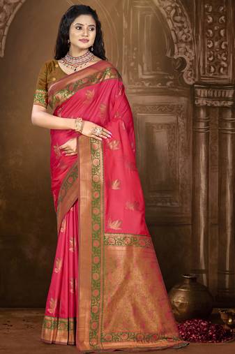 Sangam prints dark pink silk woven work traditional saree