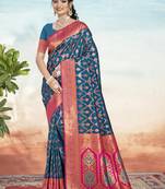 Sangam prints blue silk woven work traditional saree