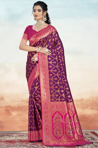 Sangam prints wine silk woven work traditional saree