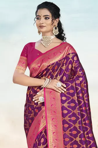 Sangam prints wine silk woven work traditional saree