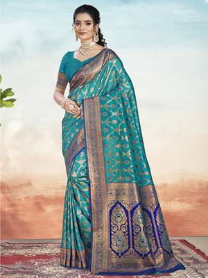 Sangam prints sky blue silk woven work traditional saree 1