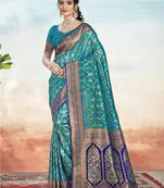 Sangam prints sky blue silk woven work traditional saree
