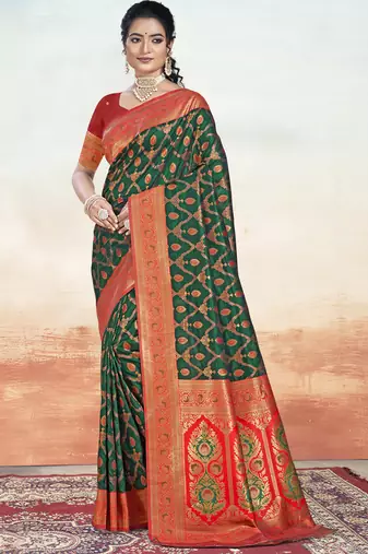 Sangam prints bottle green silk woven work traditional saree