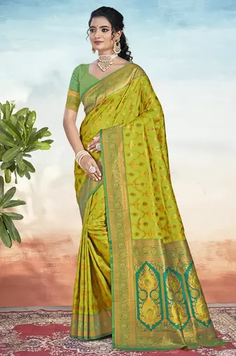 Sangam prints olive green silk woven work traditional saree