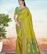 Sangam prints olive green silk woven work traditional saree