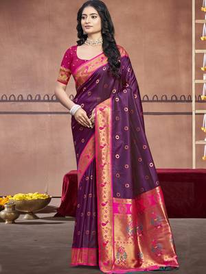 Sangam prints wine silk woven work traditional saree 1