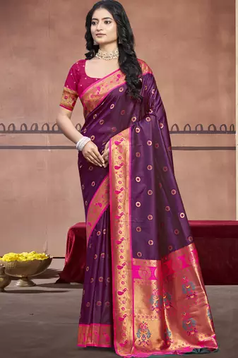 Sangam prints wine silk woven work traditional saree