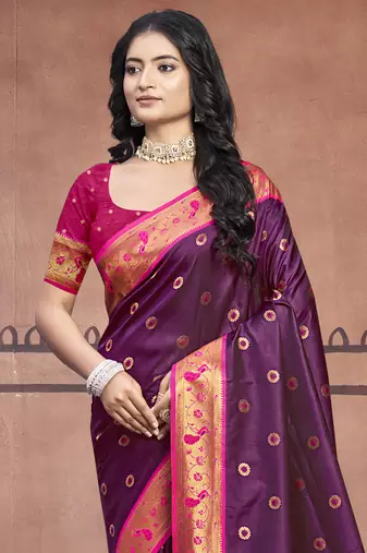 Sangam prints wine silk woven work traditional saree