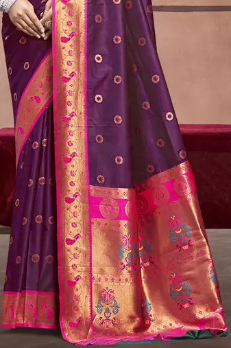 Sangam prints wine silk woven work traditional saree