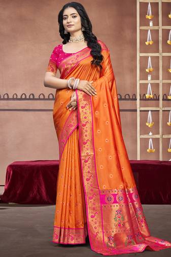 Sangam prints orange silk woven work traditional saree