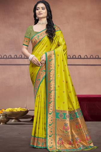 Sangam prints parrot green silk woven work traditional saree