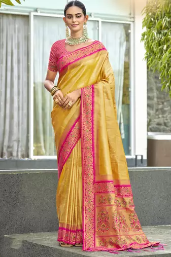 Sangam prints yellow silk woven work traditional saree