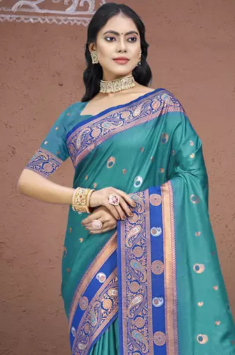 Sangam prints sky blue silk woven work traditional saree