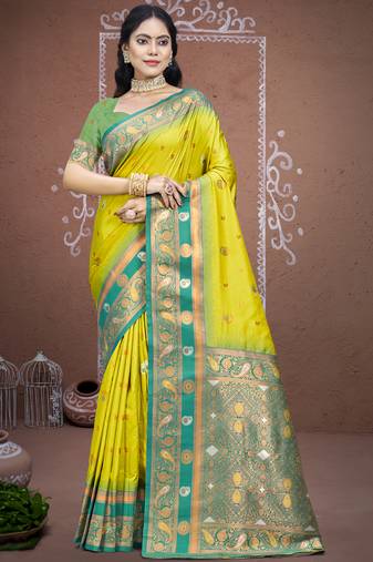 Sangam prints parrot green silk woven work traditional saree