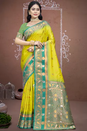 Sangam prints parrot green silk woven work traditional saree
