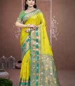 Sangam prints parrot green silk woven work traditional saree