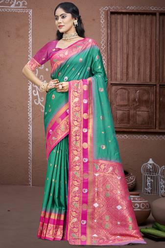 Sangam prints teal green silk woven work traditional saree