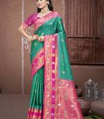 Sangam prints teal green silk woven work traditional saree