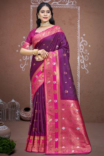 Sangam prints wine silk woven work traditional saree