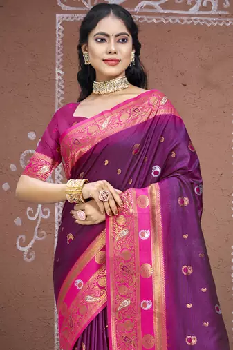Sangam prints wine silk woven work traditional saree