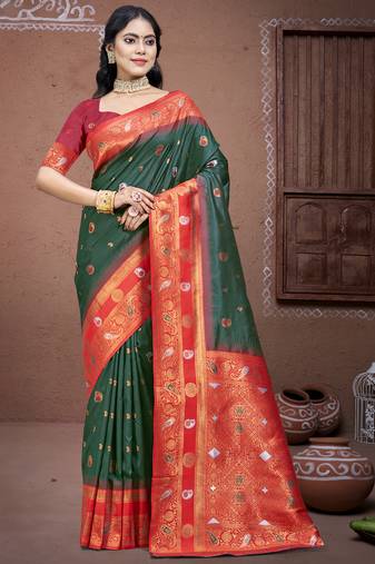 Sangam prints bottle green silk woven work traditional saree