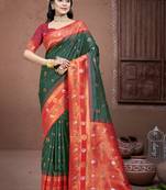 Sangam prints bottle green silk woven work traditional saree