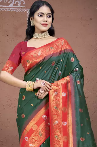 Sangam prints bottle green silk woven work traditional saree