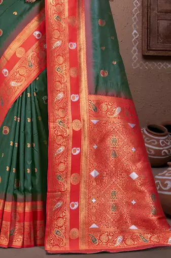 Sangam prints bottle green silk woven work traditional saree