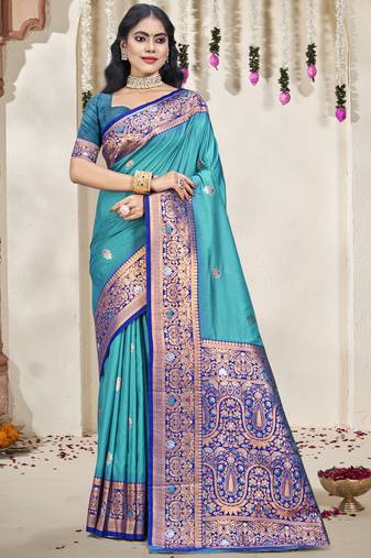 Sangam prints sky blue silk woven work traditional saree