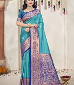 Sangam prints sky blue silk woven work traditional saree