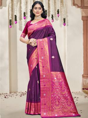 Sangam prints wine silk woven work traditional saree 1