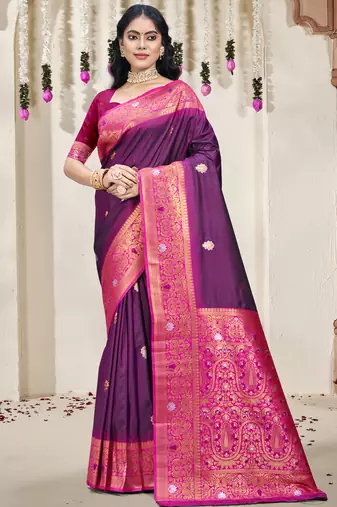 Sangam prints wine silk woven work traditional saree