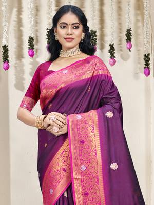 Sangam prints wine silk woven work traditional saree 2