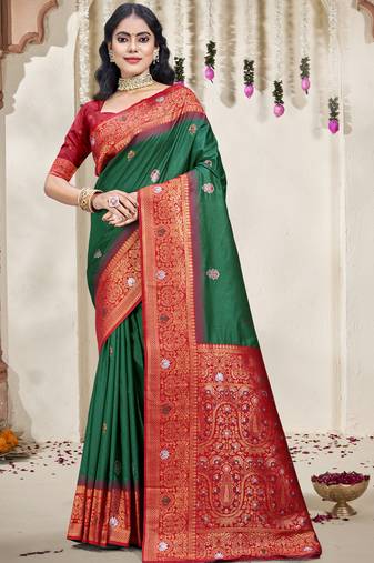 Sangam prints bottle green silk woven work traditional saree