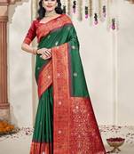 Sangam prints bottle green silk woven work traditional saree