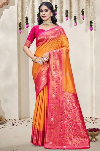 Sangam prints orange silk woven work traditional saree