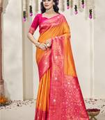 Sangam prints orange silk woven work traditional saree