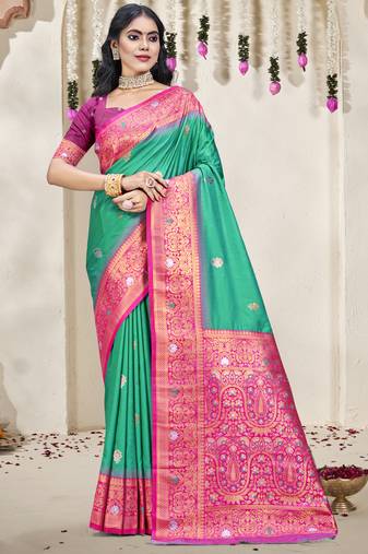 Sangam prints teal green silk woven work traditional saree