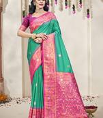 Sangam prints teal green silk woven work traditional saree