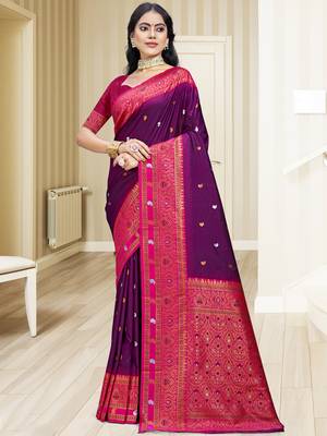 Sangam prints wine silk woven work traditional saree 1