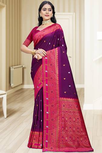 Sangam prints wine silk woven work traditional saree