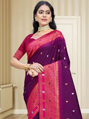 Sangam prints wine silk woven work traditional saree 2